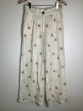 Z&L Women's M White Gold Star Printed 100% Cotton Swim Cover Up Pants I7-3